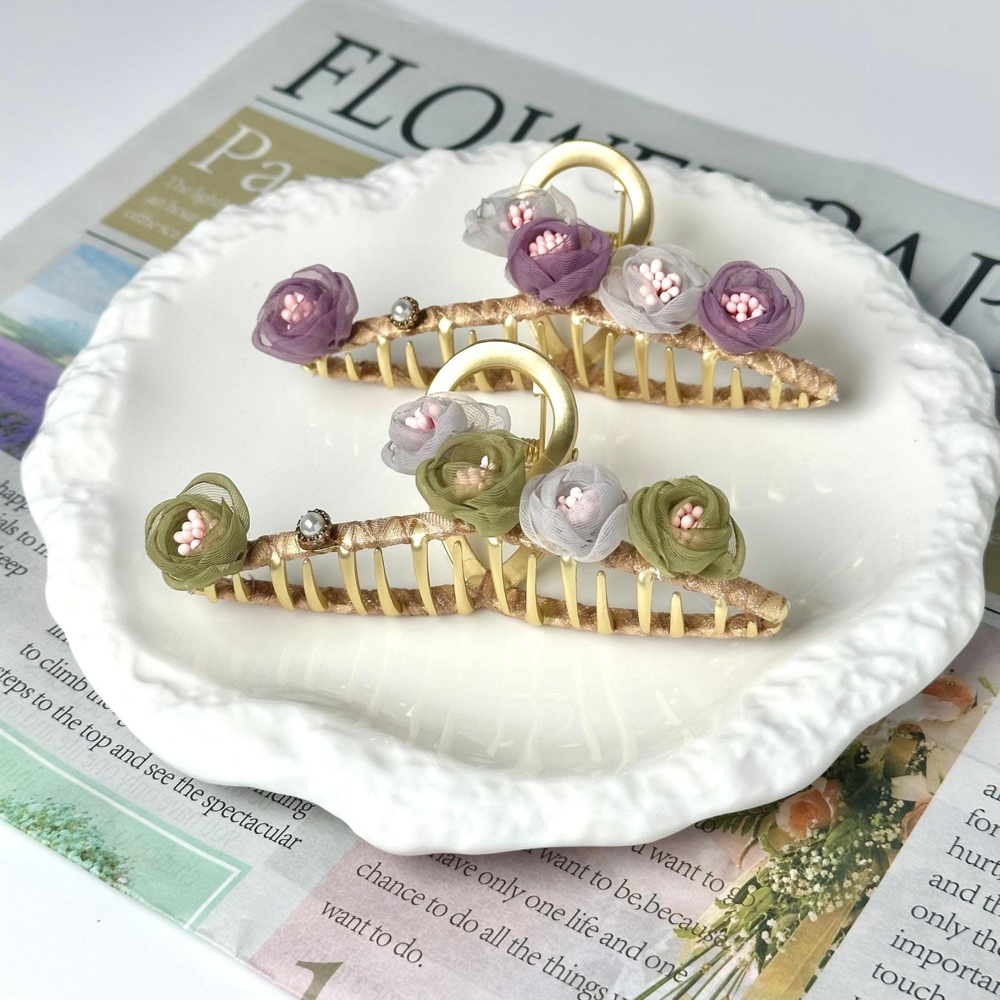 Purple and Green Flower Metal Hair Claw
