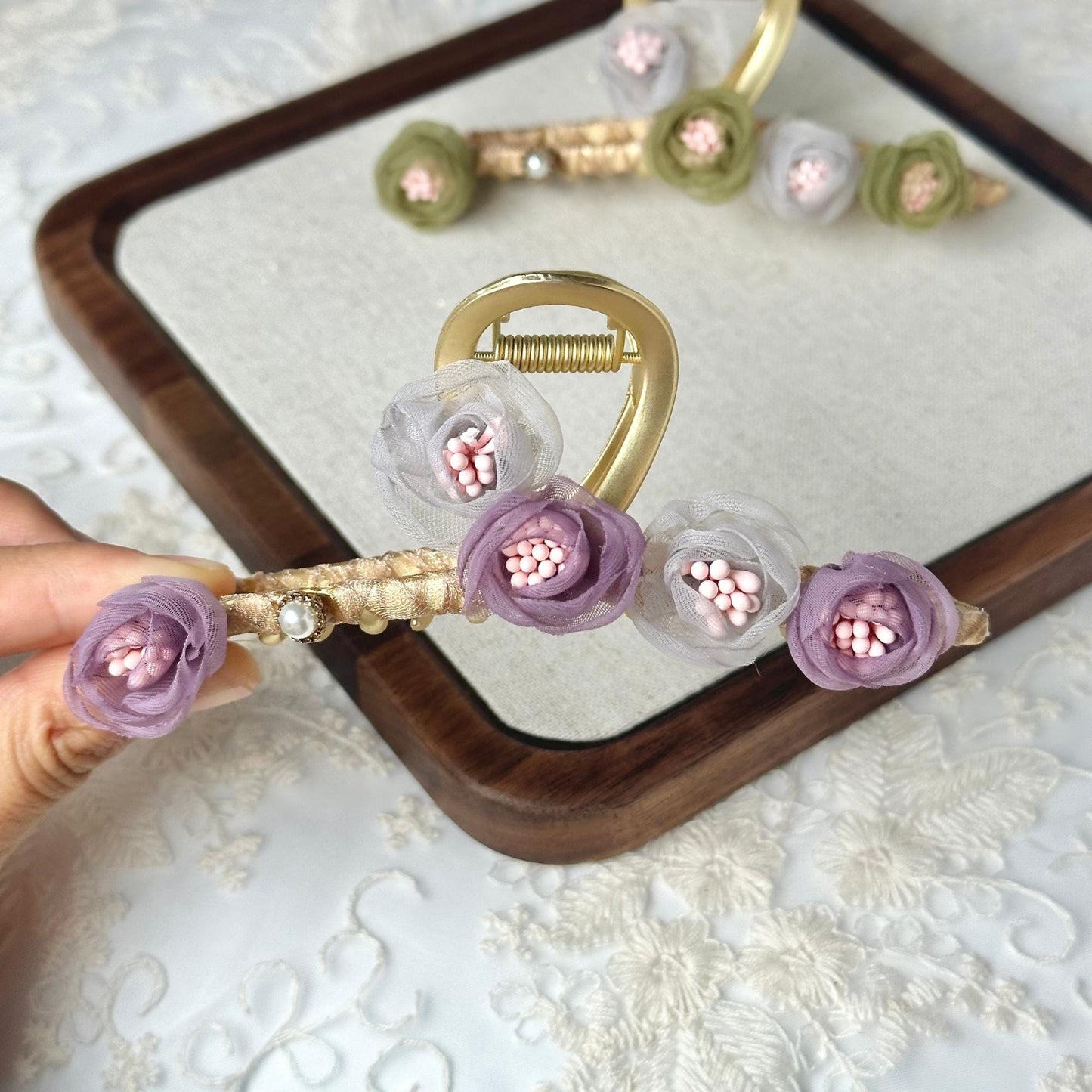Purple and Green Flower Metal Hair Claw