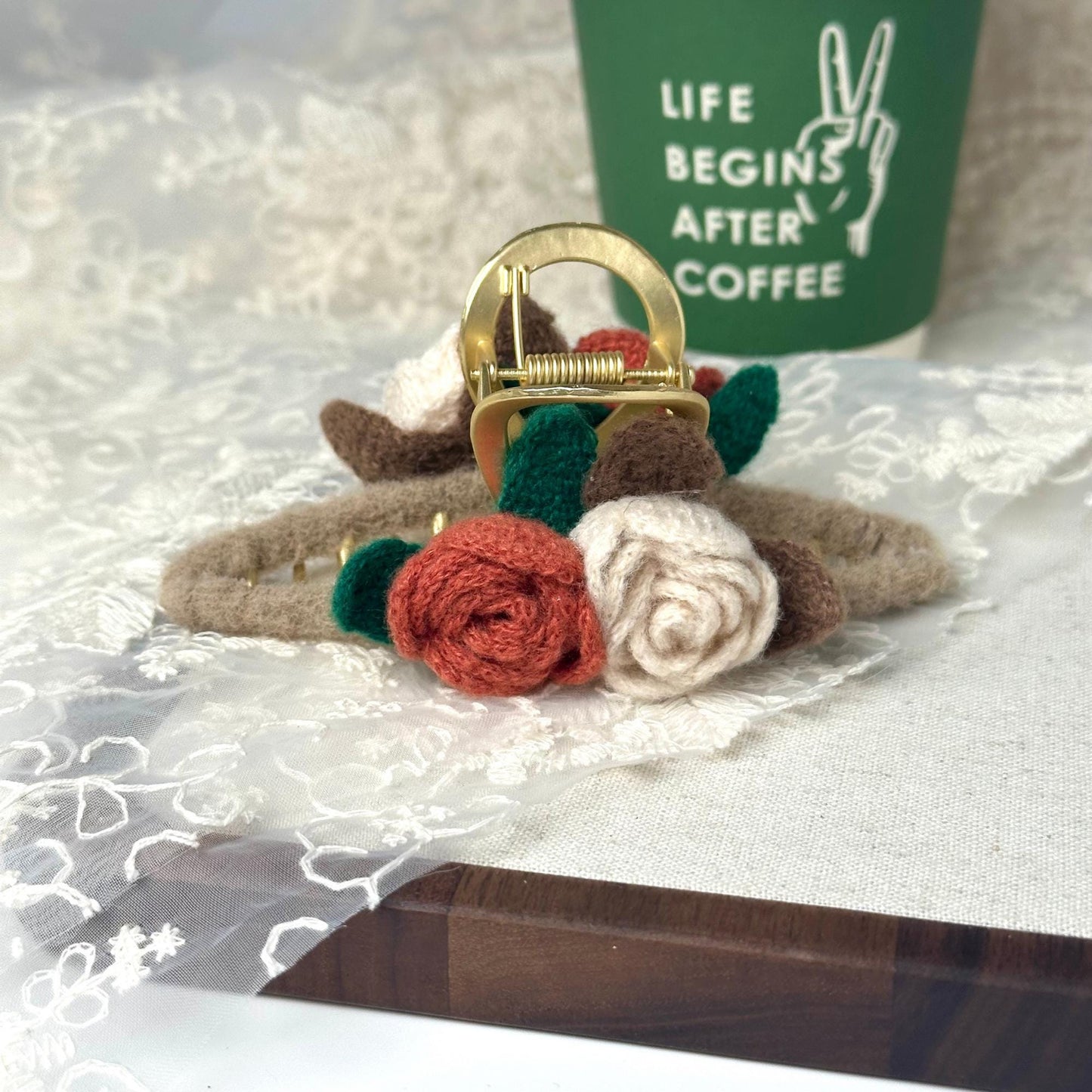 a close up of a key chain on a table