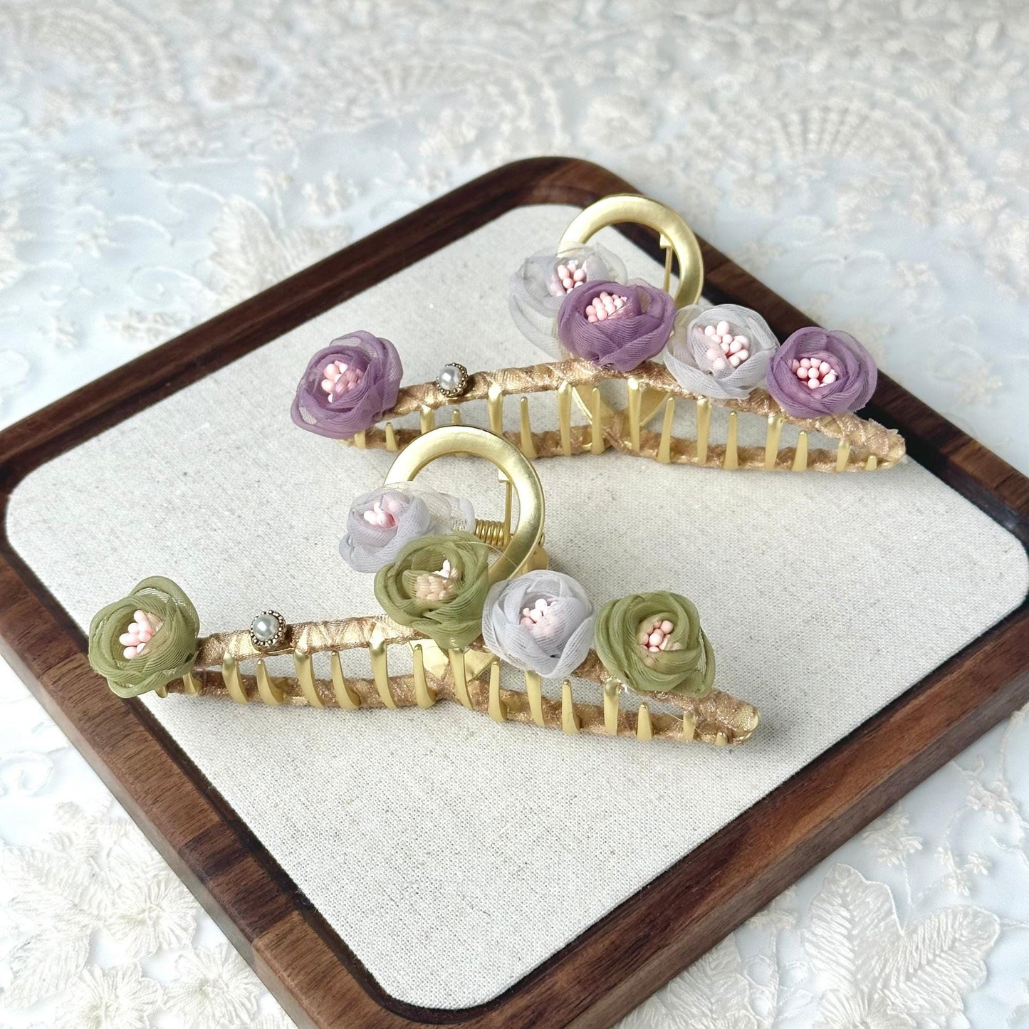 Purple and Green Flower Metal Hair Claw