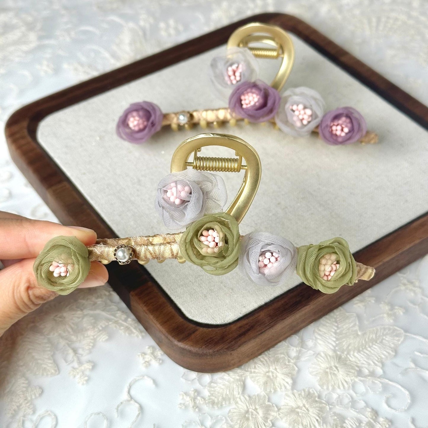 Purple and Green Flower Metal Hair Claw