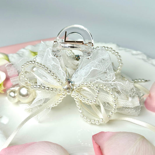White Pearl Bow Hair Claw