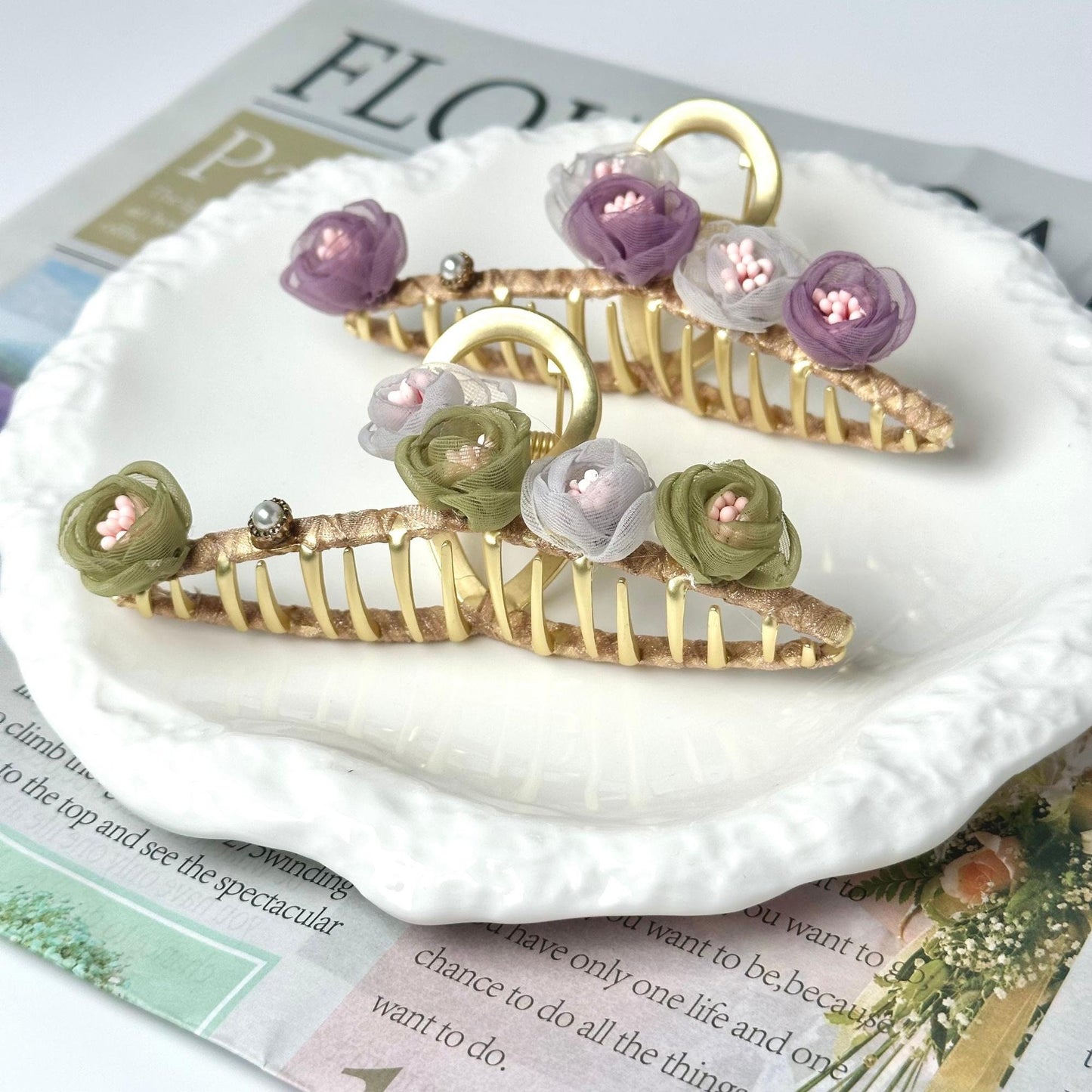 Purple and Green Flower Metal Hair Claw