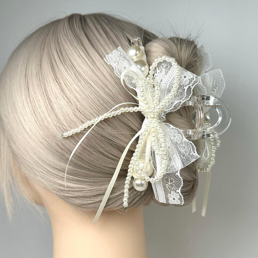White Pearl Bow Hair Claw