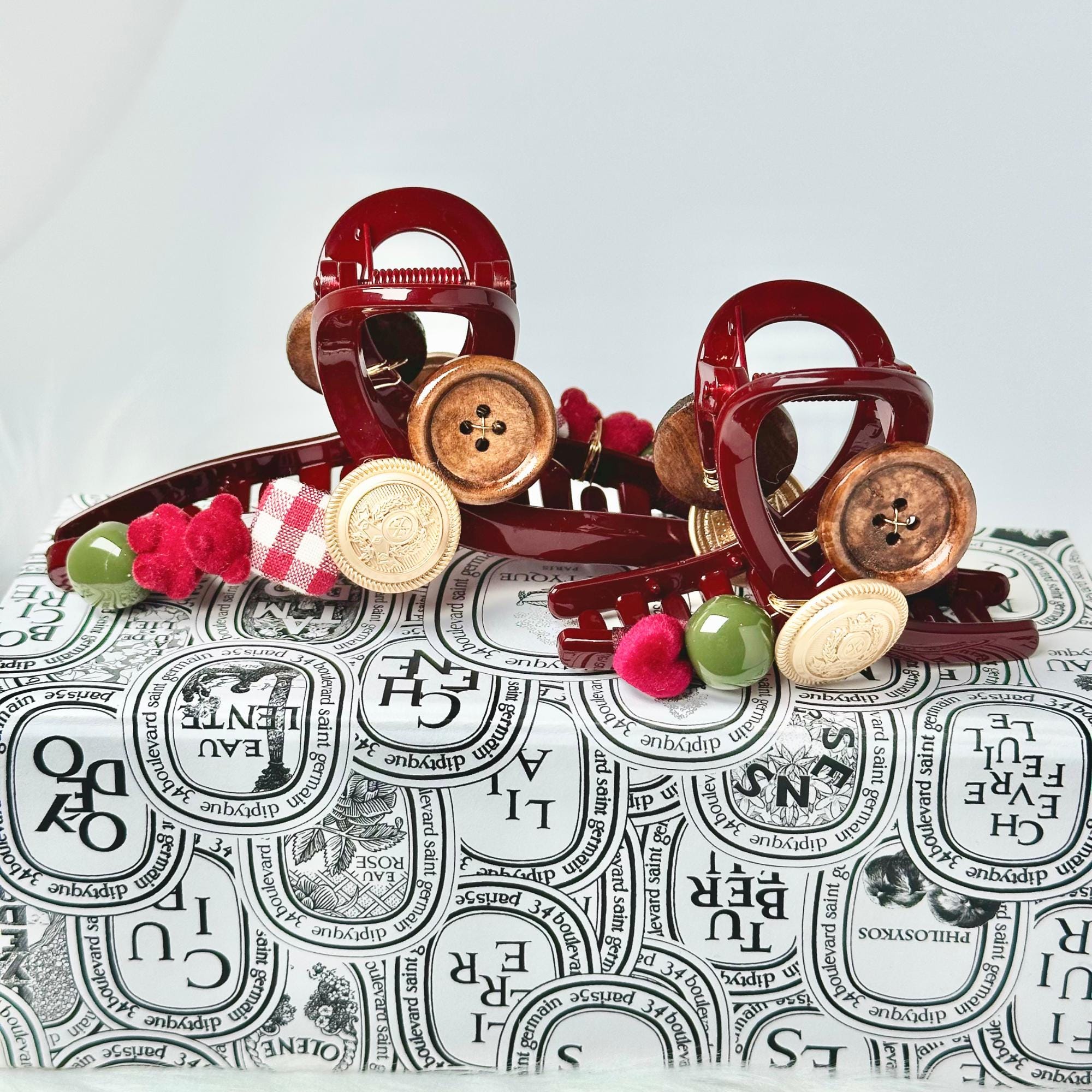 a close up of a purse with buttons on it