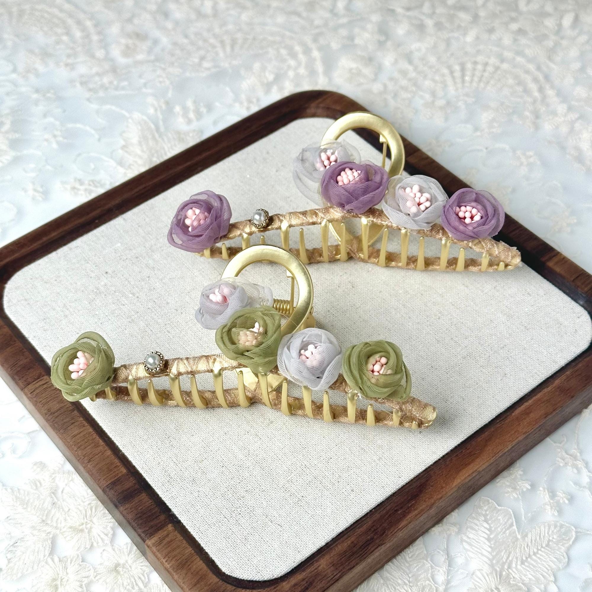 Purple and Green Flower Metal Hair Claw