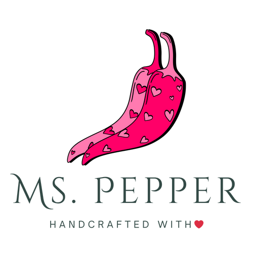 Logo of 'MS. PEPPER' with pink peppers and heart patterns on a white background.