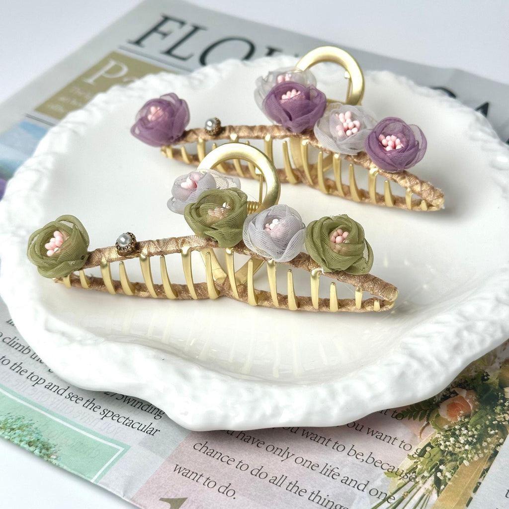Purple and Green Flower Metal Hair Claw