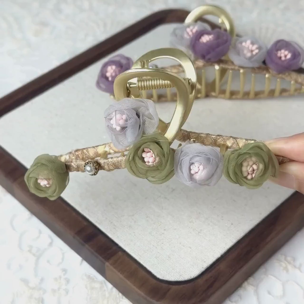 Purple and Green Flower Metal Hair Claw