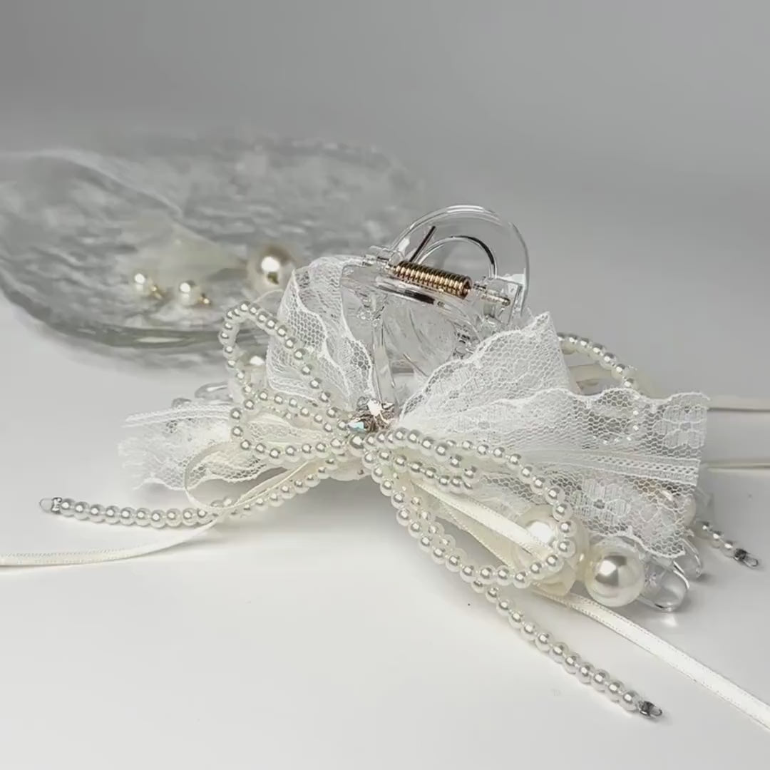 White Pearl Bow Hair Claw